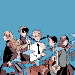  1girl 1other 4boys aqua_sweater ayukawa_ryuuji black_necktie blue_background blue_period bowl_cut brown_coat clenched_hand coat collared_shirt hand_on_own_hip hashida_haruka holding holding_paper kuwana_maki light_smile looking_to_the_side multicolored_hair multiple_boys necktie paper plaid_clothes plaid_shirt red_hair shirt skirt sweater syakkuri takahashi_yotasuke trap turtleneck two-tone_hair white_coat white_hair yaguchi_yatora 