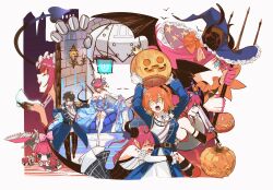  1boy 6+girls absurdres acid_(t566cs7a) ahoge android armor black_hair blue_eyes chinese_commentary closed_eyes commentary_request crown curled_horns dragon_girl dragon_horns dragon_tail dress elizabeth_bathory_(brave)_(fate) elizabeth_bathory_(cinderella)_(fate) elizabeth_bathory_(fate) elizabeth_bathory_(halloween_caster)_(fate) elizabeth_bathory_(scullery_maid)_(fate) fate/grand_order fate_(series) fujimaru_ritsuka_(female) fujimaru_ritsuka_(male) hair_ribbon hat highres holding holding_polearm holding_sword holding_weapon horns hug hug_from_behind jack-o'-lantern jacket long_hair mecha_eli-chan_(fate) mecha_eli-chan_mk.ii_(fate) mini_crown multiple_girls one_side_up open_mouth orange_eyes orange_hair pants pink_hair pointy_ears polearm ribbon robot smile sword tail tiara weapon witch_hat 