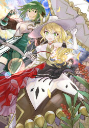  1boy 2girls absurdres armor atobe_arihito bare_shoulders black_hair blonde_hair breastplate building character_request commentary_request cover cover_page dress elbow_gloves gloves green_eyes green_hair hair_between_eyes hat highres holding holding_umbrella kazabana_fuuka looking_at_viewer multiple_girls novel_cover official_art open_mouth parasol sekai_saikyou_no_kouei:_meikyuukoku_no_shinjin_tansakusha seraphina_edelbert smile umbrella white_gloves white_hat 