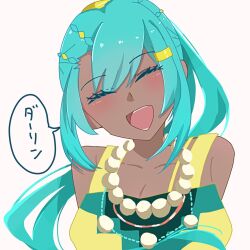  1girl bare_shoulders blush closed_eyes commentary_request dress esmeralda_sinza fire_emblem fire_emblem:_fortune's_weave green_hair hair_ornament hairclip highres jewelry multicolored_dress multiple_hairclips necklace open_mouth ponytail simple_background speech_bubble tadanogi_(jknd7782) tan upper_body white_background 