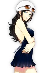 1girl backless_dress backless_outfit black_hair blue_dress clip_studio_paint_(medium) commentary_request cowboy_shot curry_gohan dress eyewear_on_headwear hat long_hair nico_robin one_piece profile ringed_eyes short_dress sidelocks simple_background smile solo twitter_username white_background white_hat 