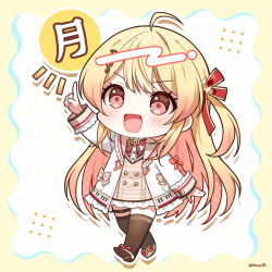  1girl :d ahoge arm_up beamed_eighth_notes blonde_hair blush brown_dress brown_sailor_collar brown_thighhighs chibi commentary_request dotted_line dress eighth_note full_body grid_background hair_ornament hololive hololive_dev_is jacket long_hair mauve musical_note musical_note_hair_ornament one_side_up open_clothes open_jacket otonose_kanade otonose_kanade_(1st_costume) plaid_clothes plaid_dress pointing red_eyes sailor_collar sailor_dress shirt shoe_soles shoes smile solo thigh-highs translation_request very_long_hair virtual_youtuber white_jacket white_shirt white_shoes 