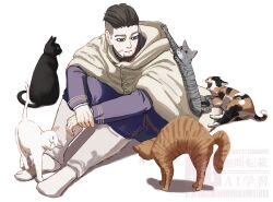  1boy animal black_cat black_eyes boots calico_(pattern) calico_cat cape cat cat_stretch closed_mouth commentary_request facial_hair goatee_stubble golden_kamuy highres jacket knees_up looking_at_animal male_focus mature_male murata_miku ogata_hyakunosuke pants pawpads purple_jacket purple_pants scar scar_on_cheek scar_on_face short_hair sitting solo stretching stubble tabby_cat white_boots white_cape white_cat 