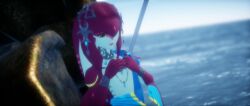 1girl 3d 3d_background ari122526_(artist) arm_fins bad_source blue_gem body_fins bracelet champion's_tunic_(zelda) collar fins fish fish_girl focus game_asset gem hair_ornament head_fins head_tail holding holding_polearm holding_weapon jewelry lightscale_trident_(zelda) looking_at_viewer mipha monster_girl polearm shoulder_fins solo solo_focus tail the_legend_of_zelda the_legend_of_zelda:_breath_of_the_wild trident weapon yellow_eyes zora 