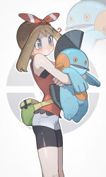  1girl 2ho ? absurdres bare_shoulders bike_shorts bike_shorts_under_shorts blue_eyes blush bow_hairband breasts brown_hair colored_sclera commentary fanny_pack fins hairband highres holding holding_pokemon may_(pokemon) open_mouth orange_sclera pokemon pokemon_(creature) pokemon_omega_ruby_and_alpha_sapphire red_hairband red_shirt shirt shorts shorts_under_shorts sleeveless small_breasts untranslatable_commentary 