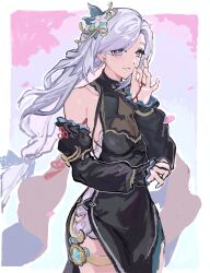  1girl absurdres bare_shoulders black_dress black_sleeves blue_background blue_bow blue_flower blue_gem border bow braid breasts bright_pupils chinese_clothes cowboy_shot detached_sleeves dress earrings fingernails floating_hair flower flower_knot frilled_sleeves frills gem genshin_impact grey_hair hair_bow hair_flower hair_ornament hand_up headpiece highres jewelry juliet_sleeves kntnkdsbk_3 large_breasts long_hair long_sleeves looking_at_viewer low-braided_long_hair low-tied_long_hair official_alternate_costume outside_border peach_blossom petals puffy_detached_sleeves puffy_long_sleeves puffy_sleeves qipao red_ribbon ribbon ring shenhe_(frostflower_dew)_(genshin_impact) shenhe_(genshin_impact) single_braid single_sidelock sleeveless sleeveless_dress smile solo standing tassel tassel_earrings teeth thigh_strap tree very_long_hair violet_eyes vision_(genshin_impact) white_border white_flower white_pupils 