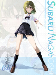  1girl absurdres black_choker black_nails black_socks bow bowtie breasts brown_shoes character_name choker collared_shirt commentary_request concept_gyarus_(idolmaster) dress_shirt fingernails full_body green_hair grey_bow grey_bowtie grey_skirt grin gyaru gyaru_v heart heart_choker highres idolmaster idolmaster_million_live! idolmaster_million_live!_theater_days jewelry loafers looking_at_viewer loose_bowtie medium_hair miniskirt nagayoshi_subaru nail_polish official_alternate_costume one_eye_closed open_collar plaid_clothes plaid_skirt pleated_skirt red_eyes ring school_uniform scrunchie seibunchou_(kxvs8474) shirt shoes skirt smile socks solo standing striped_bow striped_bowtie striped_clothes v white_shirt wrist_scrunchie zoom_layer 