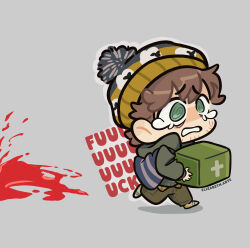  1boy @_@ absurdres bag beanie beard_stubble blood blood_splatter brown_hair bryan_hodukavich chibi commentary crying crying_with_eyes_open elizabetharte1 english_text facial_hair from_side full_body green_eyes hat highres holding holding_bag hood hood_down hooded_jacket jacket male_focus pom_pom_(clothes) pom_pom_beanie profanity resident_evil resident_evil_(2026_movie) short_hair solo stubble tears vest 