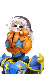  1boy 1girl :3 ? armor artist_name bear black_bodysuit black_eyes blonde_hair blue_eyes blunt_bangs blush_stickers bodysuit chibi commentary_request compound_eyes crossover desire_driver forestear highres jack-o'-lantern kamen_rider kamen_rider_geats_(series) kamen_rider_punkjack korean_commentary lace-trimmed_headdress long_hair meme nun nun_headdress on_head on_person open_mouth pauldrons shoulder_armor simple_background smile speaki_(trickcal) speakiposting_(meme) tokusatsu trickcal upper_body very_long_hair wavy_eyes white_background 