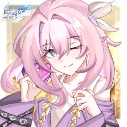  1girl ;) blue_eyes breasts chinese_commentary coat commentary_request copyright_logo cyrene_(honkai:_star_rail) cyrene_(philia093)_(honkai:_star_rail) dress highres honkai:_star_rail honkai_(series) liushiba30121 logo looking_at_viewer medium_hair one_eye_closed pink_hair pointy_ears purple_coat small_breasts smile solo white_dress 