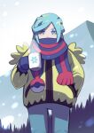  1boy aqua_eyes aqua_hair commentary_request cup grusha_(pokemon) hand_in_pocket highres holding holding_cup jacket long_hair long_sleeves looking_at_viewer male_focus mittens mug pants pokemon pokemon_(game) pokemon_sv scarf snowing solo steam yellow_jacket yottur 