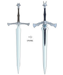  absurdres arrow_(symbol) commentary concept_art dongho_kang english_commentary english_text fantasy greatsword halcyon_zero highres no_humans official_art simple_background sword variations weapon weapon_focus white_background 