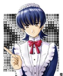  1990s_(style) 1girl bad_id blue_dress blue_hair bow bowtie buttons closed_mouth commentary_request dress grey_background hana_(hana_mo_arashi_mo) index_finger_raised looking_at_viewer maid maid_headdress mell_raison red_bow red_bowtie retro_artstyle sakura_taisen sakura_taisen_iii shirt smile solo upper_body white_background white_shirt 