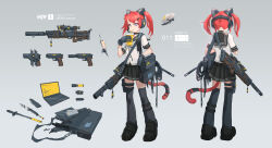  1girl absurdres animal_ears bag baton_(weapon) black_gloves black_ribbon black_sailor_collar black_thighhighs blue_eyes cable cat_ears cat_girl commentary_request computer cup disposable_cup drinking drinking_straw envelope fake_animal_ears gloves grey_background gun gun_sling handgun headphones highres holster knife laptop microphone miniskirt multiple_views ne_baozi original pleated_skirt red_hair ribbon rifle sailor_collar school_uniform scope serafuku shoulder_bag skirt sniper_rifle solo suppressor tactical_gloves thigh-highs thigh_holster twintails weapon 