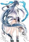  1girl arknights blue_hair coat dragon dragon_horns dragon_tail from_behind full_body gourd highres horns ling_(arknights) long_hair pointy_ears short_shorts shorts tail toriyoshi very_long_hair white_background white_coat 