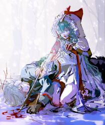  1boy 1girl ahoge alyosha_(genshin_impact) animal_ears artist_name bare_tree black_pants black_shirt blood blood_on_clothes blood_on_face blood_on_ground blue_eyes blue_jacket blue_pupils borrowed_clothes branch brown_cape brown_gloves cape commentary_request dress drill_hair drill_sidelocks earmuffs fake_animal_ears forest frilled_sleeves frills fur-trimmed_cape fur_trim genshin_impact gloves green_hair gun hair_between_eyes hair_over_one_eye hands_up highres holding holding_gun holding_weapon hood hooded_cape injury innagaja jacket korean_commentary long_hair long_sleeves looking_at_another looking_down looking_up lying nature nosebleed on_side open_mouth outdoors pants puffy_long_sleeves puffy_sleeves rifle shadow shirt short_hair sidelocks signature sky smile sniper_rifle snow snowing squatting tree turtleneck turtleneck_shirt very_long_hair vodyanitsa_(genshin_impact) weapon white_dress white_sky winter yellow_eyes 