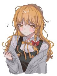  1girl :3 absurdres amatukimahoro black_vest blonde_hair blush bow bowtie braid cardigan closed_mouth collared_shirt commentary_request corrupted_twitter_file grey_cardigan hair_bow highres kirisame_marisa long_hair long_sleeves musical_note open_cardigan open_clothes red_bow shirt side_braid simple_background single_braid smile solo touhou twitter_username vest watermark white_background white_shirt yellow_bow yellow_bowtie yellow_eyes 