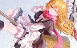  1girl apron black_capelet black_hat black_skirt black_vest blonde_hair blush boots bow bowtie braid broom broom_riding brown_boots capelet commentary_request frilled_skirt frills grin hair_bow hat hat_bow highres kirisame_marisa lace-up_boots long_hair long_sleeves looking_at_viewer nashinome_(y5wlht) one_eye_closed side_braid single_braid skirt smile solo touhou vest waist_apron white_apron white_bow white_bowtie witch_hat yellow_eyes 