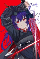  1girl absurdres arknights arm_up artist_name blue_hair ch'en_(arknights) chi_xiao_(arknights) chinese_commentary chuzou_de_guimao_desuwa closed_mouth commentary_request dot_nose dragon_girl dragon_horns english_commentary glint hair_between_eyes highres holding holding_sword holding_weapon horns jacket korean_commentary long_hair long_sleeves looking_at_viewer mixed-language_commentary multilingual_commentary red_background red_eyes russian_commentary solo sword two-tone_background upper_body weapon white_background 