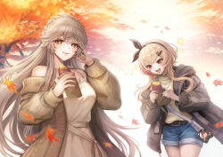  2girls bare_shoulders black_groza_(girls'_frontline_2) blonde_hair chibi commentary_request denim denim_shorts dress girls'_frontline_2:_exilium girls_frontline grey_hair hair_ribbon highres jacket m4_sopmod_ii_(girls'_frontline) multiple_girls open_mouth ots-14_(girls'_frontline) red_eyes ribbon ro635_(girls'_frontline) robella_(girls'_frontline_2) sasaki_ryou shorts smile soppo_(girls'_frontline_2) sweater turtleneck turtleneck_sweater white_dress yellow_eyes 