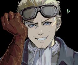  1boy ascot black_bow blonde_hair blue_eyes blue_jacket bow broken_heart brown_gloves cid_highwind final_fantasy final_fantasy_vii gloves goggles goggles_on_head grin heart highres jacket looking_at_viewer male_focus ninyunyan parted_lips portrait short_hair smile solo straight-on tears upper_body white_ascot 