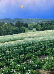  blue_sky commentary connecticut english_commentary field flower full_moon highres kate_avery moon no_humans oil_painting_(medium) original outdoors painting_(medium) scenery sky strawberry_plant traditional_media tree twilight white_flower 