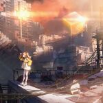  1girl bangs blonde_hair building city cityscape commentary_request drum_(container) gyoukan_(jfxc) highres horns jacket kagase_uno ladder long_hair long_sleeves power_lines railing ruins scenery shadow shoes skyscraper smile sneakers solo standing sunset twintails versen virtual_youtuber white_footwear wide_shot yellow_jacket 