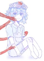 1boy barefoot basil_(headspace)_(omori) basil_(omori) blue_overalls blush closed_mouth collared_shirt colored_skin commentary double-parted_bangs english_commentary flower flower_wreath green_eyes green_hair green_shirt hair_between_eyes head_wreath invisible_floor looking_at_viewer male_focus omori overall_shorts overalls shirt short_sleeves sidelocks simple_background sitting smile solo white_background white_skin xanyu2334ouo 