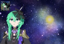  1girl armor black_dress black_hat commentary_request dress fascinator fire_emblem fire_emblem:_fortune's_weave green_eyes green_hair hat highres jewelry kyomu11990 long_bangs necklace ninae_(fire_emblem) purple_ribbon ribbon shoulder_armor space surprised 