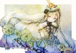  1girl blonde_hair blue_flower bouquet chain closed_mouth commentary_request earrings fire flower green_flower hair_flower hair_ornament holding jewelry leaf lock long_hair magical_girl mahou_shoujo_ikusei_keikaku mahou_shoujo_ikusei_keikaku_limited smile veil wedin white_veil y_sr0 yellow_eyes yellow_flower 