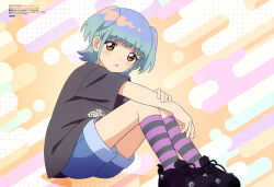  1girl :o absurdres anime_coloring animedia araki_asahi artist_request black_shirt black_shoes black_socks blue_hair blue_shorts blunt_bangs brown_hair colorful_background copyright_name copyright_notice full_body gradient_hair highres kneehighs knees_up light_blush looking_at_viewer magazine_scan mahou_no_shimai_lulutto_lilly multicolored_hair official_art parted_lips purple_socks scan shirt shoes short_hair short_sleeves short_twintails shorts sidelocks sitting socks solo striped_clothes striped_socks t-shirt third-party_source twintails two-tone_hair two-tone_socks 