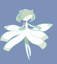  1girl arm_up blue_background closed_eyes colored_skin commentary_request evolution facing_viewer flat_chest full_body fusion gardevoir green_hair green_skin hair_over_one_eye hand_up kirlia legs_together lowres monya multicolored_skin no_feet no_mouth one_eye_covered outstretched_arm pokemon pokemon_(creature) short_hair simple_background sketch solo two-tone_skin u_u white_skin 