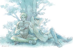  2boys against_tree arms_behind_head book closed_mouth commentary_request crossed_legs fire_emblem fire_emblem_echoes:_shadows_of_valentia forsyth_(fire_emblem) holding holding_book indian_style looking_at_viewer male_focus multiple_boys on_ground python_(fire_emblem) reading sitting smile tamami_if tree 