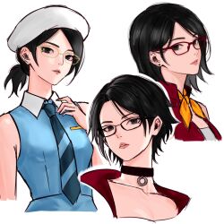  1girl beret black-framed_eyewear black_eyes black_hair blue_dress boruto_(series) breasts chococurrent choker collar commentary dress english_commentary glasses hair_behind_ear hat highres looking_at_viewer multiple_views naruto_(series) neck_ribbon necktie parted_bangs ponytail red-framed_eyewear red_shirt ribbon shirt short_hair short_ponytail simple_background sleeveless sleeveless_dress small_breasts uchiha_sarada white_background white_collar wing_collar yellow-framed_eyewear 