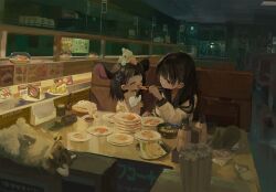  2girls animal animal_on_head chair child chopsticks closed_eyes closed_mouth commentary_request double-parted_bangs doubutsunoujyou ena-chan_(doubutsunoujyou) feeding fish_(food) food happy highres holding holding_chopsticks holding_with_chopsticks indoors looking_at_another lying multiple_girls night nigirizushi on_back on_chair on_head open_mouth original perspective plate rabbit sailor_collar shirt smile sushi table white_shirt window 