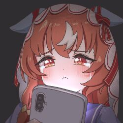  1girl :< animal_ears blush brown_hair cellphone commentary_request crying crying_with_eyes_open ear_covers ear_ribbon ears_down echieichi frown hair_between_eyes highres horse_ears horse_girl multicolored_hair phone purple_shirt red_eyes school_uniform shirt smartphone solo still_in_love_(umamusume) streaked_hair streaming_tears tears tracen_school_uniform umamusume veil white_streaks white_veil 