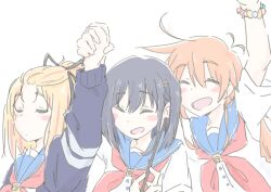  3girls :d ^_^ arm_up bangs_pinned_back black_ribbon blonde_hair blue_cardigan blue_hair blue_sailor_collar blush_stickers bracelet branch cardigan closed_eyes closed_mouth commentary_request dot_mouth flip_flappers girl_sandwich hair_ornament hair_ribbon hairclip happy holding holding_branch holding_hands jewelry kokomine_cocona long_hair multicolored_hair multiple_girls neckerchief nick150iso open_mouth orange_hair papika_(flip_flappers) pink_streaks portrait red_neckerchief ribbon sailor_collar sandwiched school_uniform serafuku shirt short_hair short_sleeves simple_background smile streaked_hair white_background white_shirt yayaka 