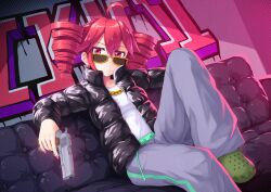  1girl ahoge alternate_costume aposine black_jacket breasts chain closed_mouth commentary couch crocs dot_nose down_jacket drawstring drill_hair foot_out_of_frame frown gold_chain graffiti green_shoes grey_pants gun hair_between_eyes handgun head_tilt holding holding_gun holding_weapon indoors jacket jitome kasane_teto knee_up long_sleeves looking_at_viewer on_couch open_clothes open_jacket pants red_eyes red_hair shirt shoes short_hair small_breasts solo split_mouth sunglasses twin_drills utau weapon weapon_request white_shirt yellow-framed_eyewear 
