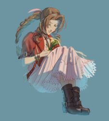  1girl aerith_gainsborough arm_belt blue_background boots bracelet braid braided_ponytail brown_boots brown_hair dress final_fantasy final_fantasy_vii final_fantasy_vii_remake floating flower full_body gold_bangle green_eyes hair_ribbon highres holding holding_flower jacket jewelry lily_(flower) long_dress long_hair multiple_bracelets parted_bangs parted_lips pink_dress pink_ribbon red_jacket ribbon shy_(ribboneels) sidelocks single_braid smile solo yellow_flower 