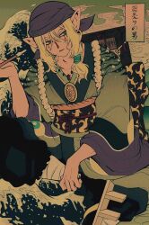  1980s_(style) 1boy bag bandaged_leg bandages bandana black_socks blonde_hair blue_bandana blue_eyes closed_mouth facial_mark faux_retro_artstyle geta hair_between_eyes highres holding holding_smoking_pipe japanese_clothes kanagawa_oki_nami_ura kimono kiseru kusuriuri_(mononoke) long_hair long_sleeves looking_to_the_side male_focus mononoke obi pikurusu pointy_ears retro_artstyle sandals sash side_ponytail sideways_glance sitting smoking_pipe socks solo translation_request water waving wide_sleeves 