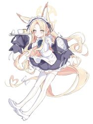  1girl alternate_costume animal_ears apron bare_shoulders bird bird_on_hand black_dress blonde_hair blue_archive blush cake cake_slice closed_mouth commentary_request cup detached_sleeves dress food forehead fox_ears fox_girl fox_tail halo highres holding holding_tray looking_at_viewer maid maid_apron maid_headdress nemu_(rakugaki_jt) pink_eyes seia_(blue_archive) shoes sleeves_past_fingers sleeves_past_wrists smile solo striped_clothes striped_thighhighs tail teacup thigh-highs tit_(bird) tray vertical-striped_clothes vertical-striped_thighhighs white_shoes white_thighhighs yellow_halo zettai_ryouiki 