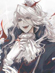  1boy alchemy_stars ascot black_coat charon_(alchemy_stars) chinese_commentary coat commentary_request de678997 fangs glint gloves grey_eyes hair_between_eyes jewelry long_hair looking_at_viewer open_mouth ponytail ring simple_background smile teeth upper_body white_ascot white_background white_gloves white_hair 