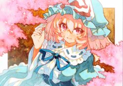 1girl blue_hat blue_kimono blue_ribbon blush breasts cherry_blossoms frilled_kimono frills hat highres japanese_clothes kimono large_breasts long_sleeves looking_at_viewer mob_cap neck_ribbon open_mouth pink_eyes pink_hair ribbon rinka_(qqqrinkappp) saigyouji_yuyuko sleeve_garter smile solo touhou traditional_media triangular_headpiece wide_sleeves 