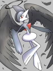  1boy alternate_color angel black_feathers black_halo black_wings blue_hair blue_skin closed_mouth colored_skin commentary_request feathered_wings feathers frown full_body gallade grey_background grey_hair hair_over_one_eye half-closed_eyes halo leg_up looking_at_viewer male_focus mohawk monya multicolored_hair multicolored_skin muted_colors one_eye_covered pokemon pokemon_(creature) red_eyes shiny_pokemon short_hair simple_background solo traditional_halo two-tone_hair two-tone_skin white_skin wings 