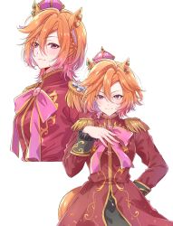  1girl absurdres akari_0313 animal_ears black_wrist_cuffs blush bow breasts burning_as_one_(umamusume) closed_mouth coat crown hair_between_eyes highres horse_ears horse_girl horse_tail long_sleeves looking_at_viewer orange_hair orange_tail pink_bow pink_crown red_coat short_hair smile t.m._opera_o_(umamusume) tail umamusume violet_eyes wrist_cuffs 