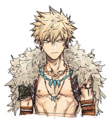  1boy bakugou_katsuki blonde_hair boku_no_hero_academia boku_no_hero_academia_2nd_popularity_poll collarbone commentary_request cropped_torso earrings himo_(himodayoo) jewelry looking_to_the_side male_focus nipples official_alternate_costume pectorals red_eyes short_hair simple_background solo spiky_hair tooth_earrings upper_body white_background 
