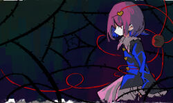  1girl blue_shirt buttons disembodied_linked_eye english_commentary expressionless frills from_side gradient_background heart_button komeiji_satori long_sleeves medium_hair no_mouth pink_hair pink_skirt puffy_sleeves red_eyes shirt sitting skirt solo thorns touhou zhihuaiqiang 