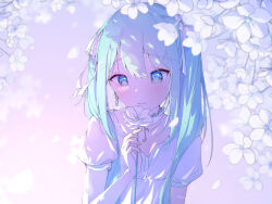  1girl absurdres aqua_eyes aqua_hair artist_name bloom_festival_(project_sekai) blurry blurry_background choker closed_mouth collarbone commentary cool_colors dot_nose double-parted_bangs dress earrings eighth_note flower frilled_choker frills hair_between_eyes hair_over_shoulder hair_ribbon hand_up hatsune_miku highres holding holding_flower jewelry light_blush long_hair looking_at_object magnolia musical_note neko_211293 official_alternate_costume official_alternate_hairstyle project_sekai puffy_short_sleeves puffy_sleeves raised_inner_eyebrows ribbon short_sleeves sidelighting smile solo twintails upper_body vocaloid white_choker white_dress white_flower white_ribbon white_theme 
