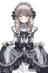  1girl absurdres blonde_hair blue_dress blush bow character_request chest_ribbon clothes_lift collar copyright_request dress dress_lift drill_hair frilled_collar frills gothic_lolita highres kasukasugom1 lifting_own_clothes lolita_fashion long_sleeves looking_at_viewer maid maid_headdress pink_eyes simple_background smile solo straight-on swept_bangs twin_drills waist_bow white_background 