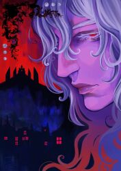  1boy artist_logo artist_name cityscape close-up closed_mouth colored_skin commentary crilall english_commentary eyelashes fantasy grey_hair hair_between_eyes half-closed_eyes highres lips logo long_hair looking_at_viewer lunacid male_focus nose pheeamms pink_skin profile red_eyes red_sky sky solo vampire 